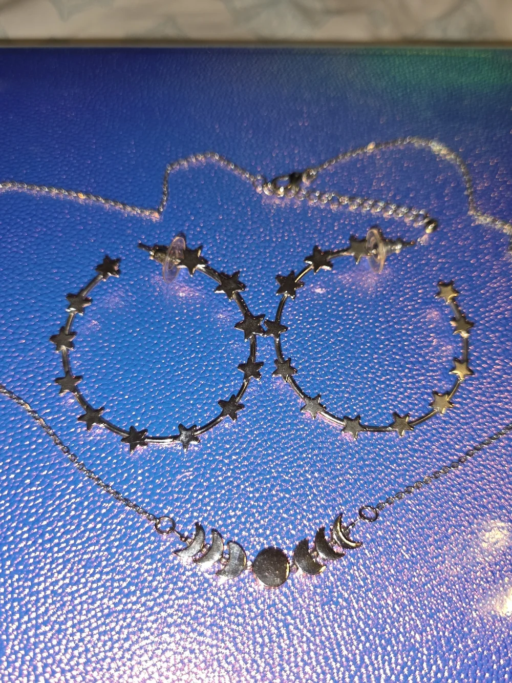 Silver-Toned Star Hoop Earrings and Moon Phase Necklace Set